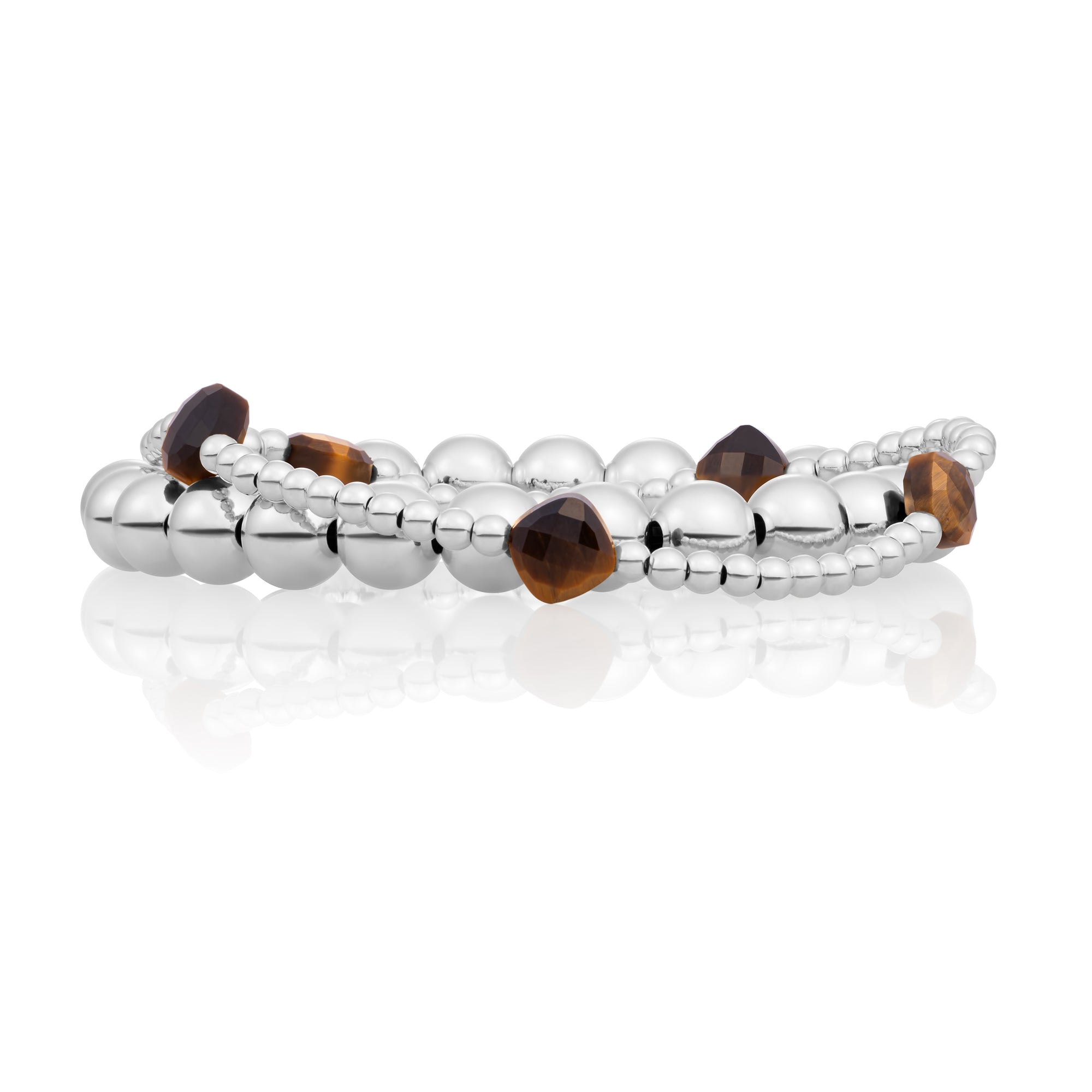 Tiger Eye Cushion Cut Saturn Armbanden Stack | Zilver