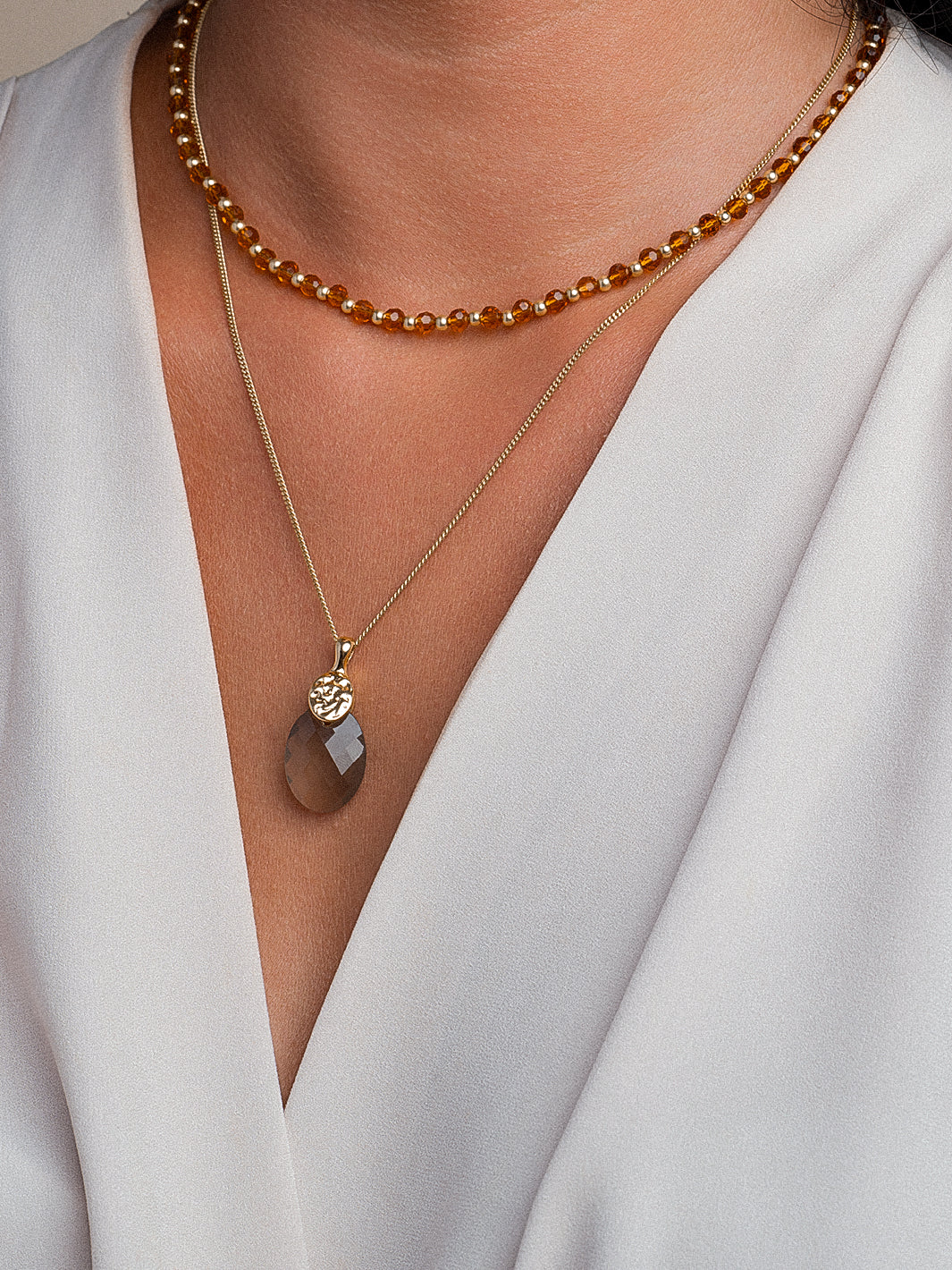 Smoky Quartz Medium Oval Fuse Ketting Set | Goudkleurig