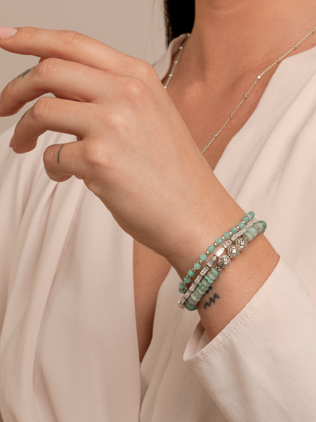 Rich Green Amazonit Tennis Baguette Armbänder Stack | Silber