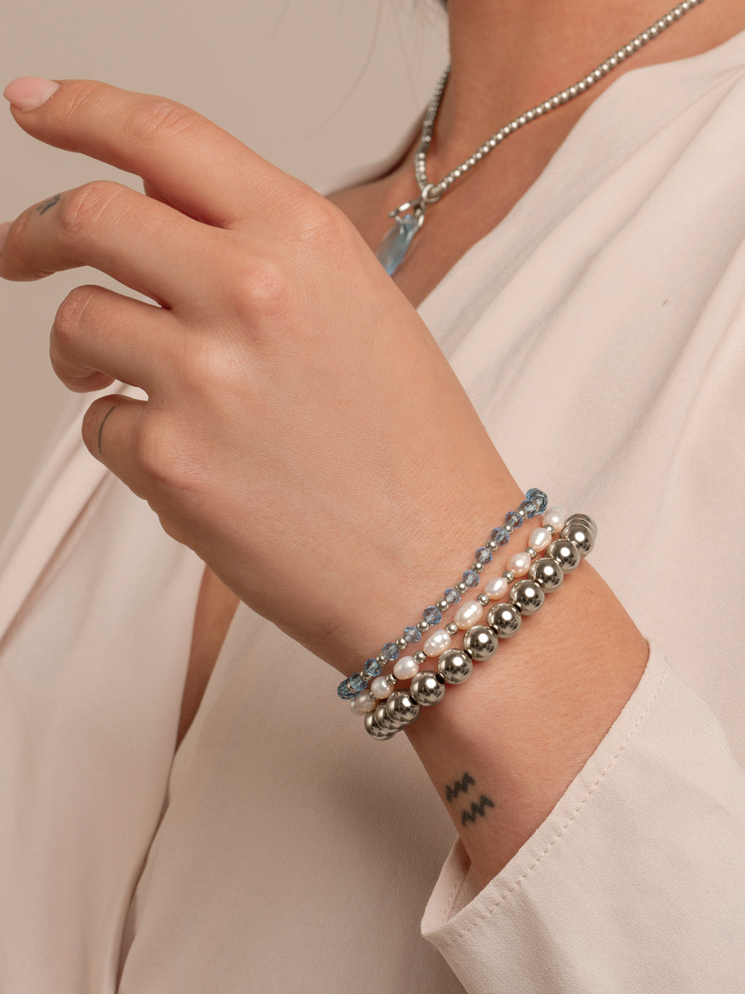 Aquamarine Quarz & Perle Interstellar Bracelets Stack | Silber