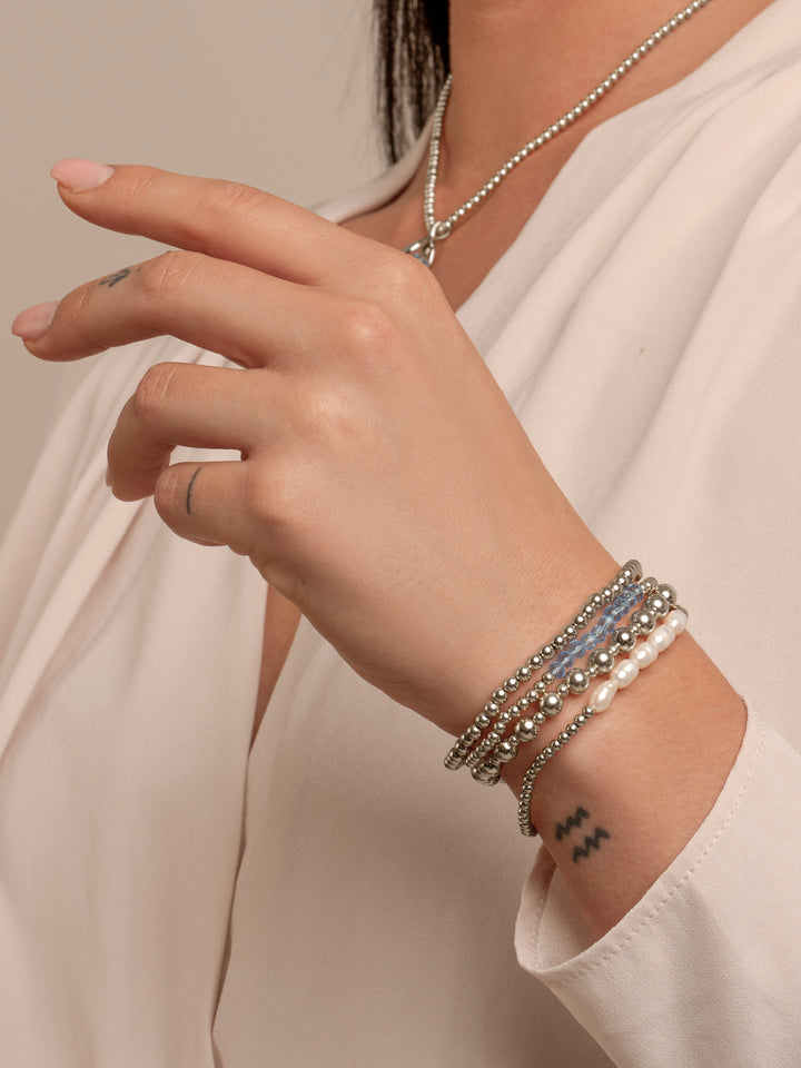 Aquamarine Quartz & Pearl Universe Bracelets Stack | Silber