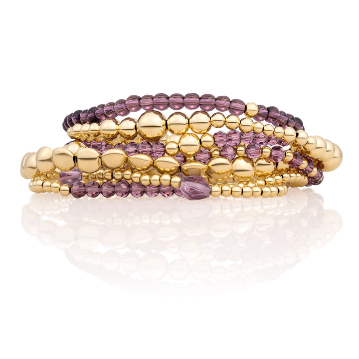 Aubergine Quartz Bold Wave Mix Bubble Armbanden Stack | Goudkleurig