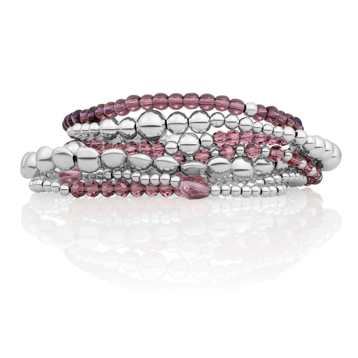 Aubergine Quartz Bold Wave Mix Bubble Armbanden Stack | Zilver