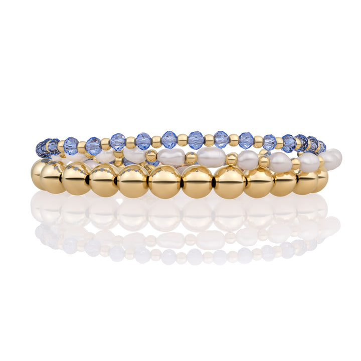 Aquamarine Quarz & Perle Interstellar Bracelets Stack | Gold -gelenkt