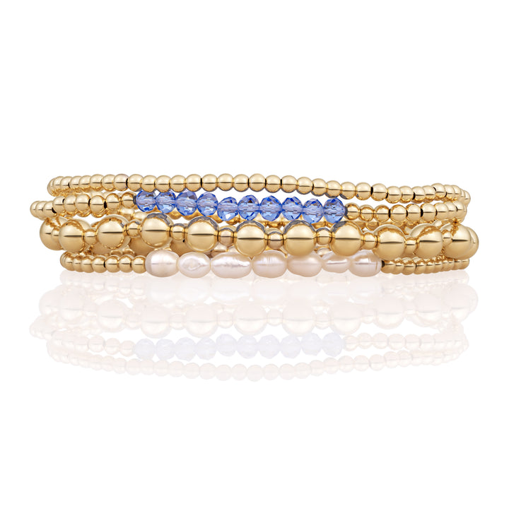 Aquamarine Quartz & Pearl Universe Bracelets Stack | Gold -gelenkt