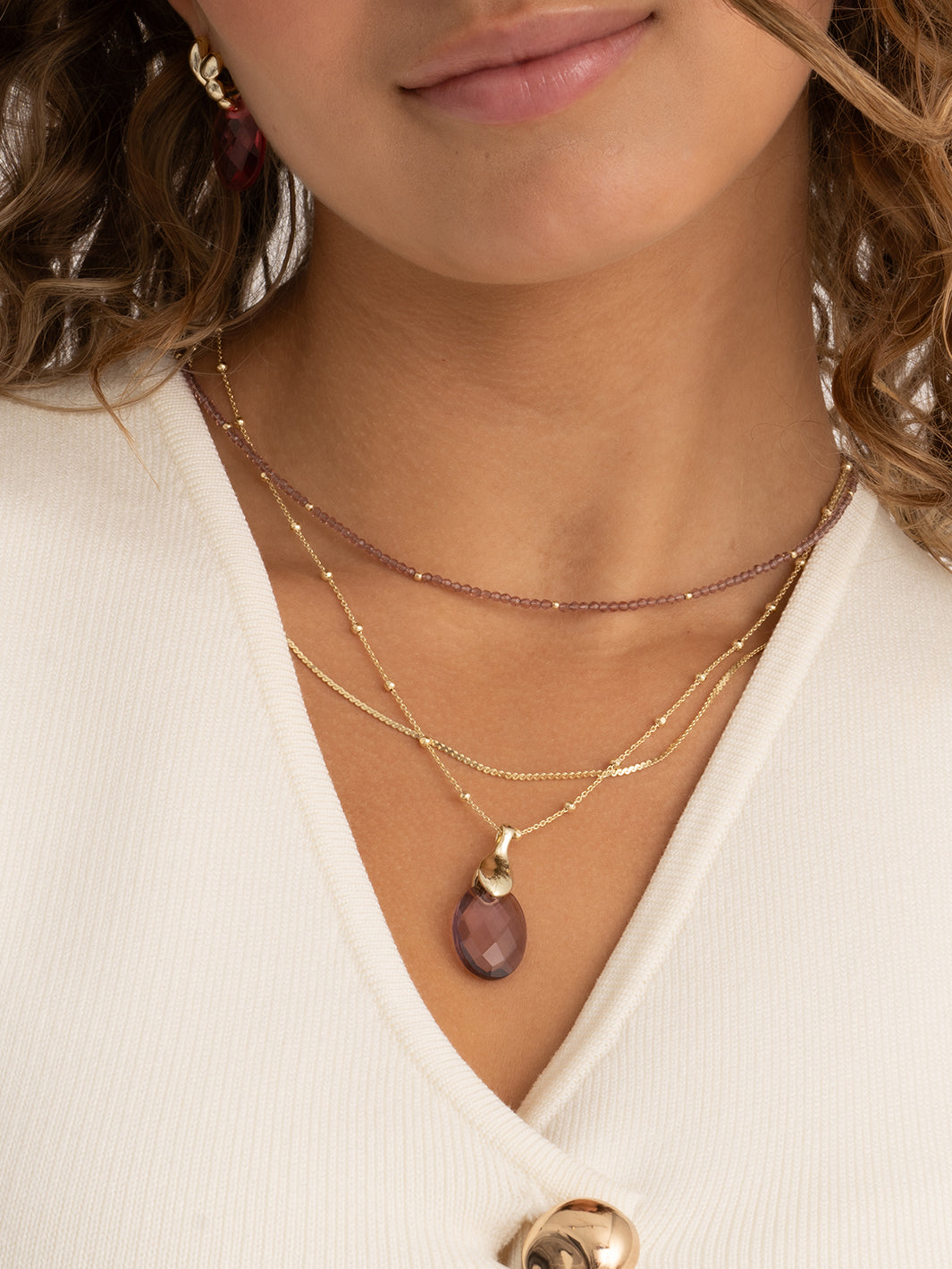 Aubergine Quartz Medium Oval Leaf Ketting set | Goudkleurig