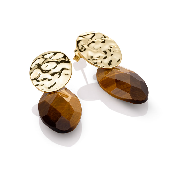 Tiger Eye Leaf Round Clip Ohrringe Set | Gold -gelenkt